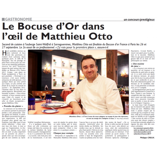 Matthieu Otto, second de cuisine, participera à la finale du Bocuse d'Or le 27 septembre 2017